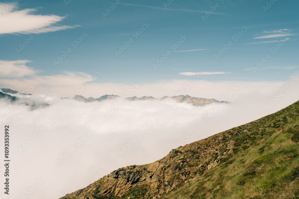 Fototapeta premium A breathtaking view of lush green hills unfolds, capturing the serenity of the French Pyrenees
