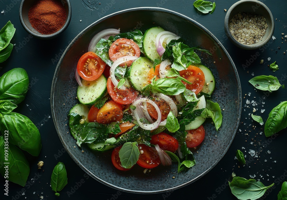 Fresh and Colorful Salad with Tomatoes, Cucumbers, Onions, and Basil on a Dark Background, Perfect for Healthy Eating and Culinary Inspiration Fresh and Colorful Salad with Tomatoes, Cucumbers, Onions, and Basil on a Dark Background, Perfect for Healthy Eating and Culinary Inspiration