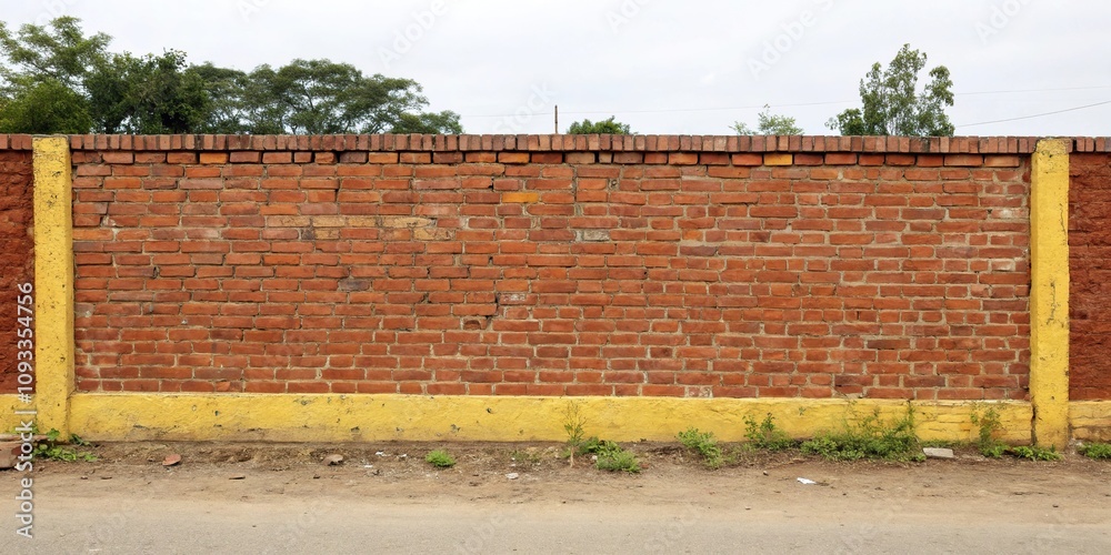 Fototapeta premium Earthy red brick wall with yellowish mortar, rustic pattern, earthy tones