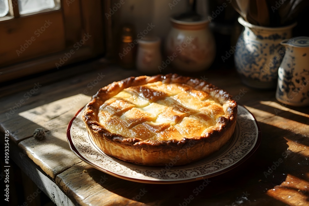 A golden Tourte Lorraine on a patterned plate, on a rustic wooden table in a French farm kitchen, with warm tones and sunlight streaming in A golden Tourte Lorraine on a patterned plate, on a rustic wooden table in a French farm kitchen, with warm tones and sunlight streaming in
