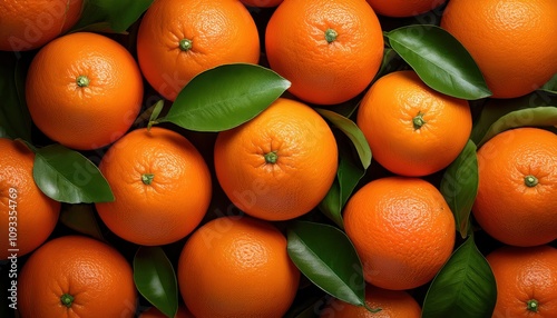 Fresh Orange Fruits with Leaves as Background, Top Vie