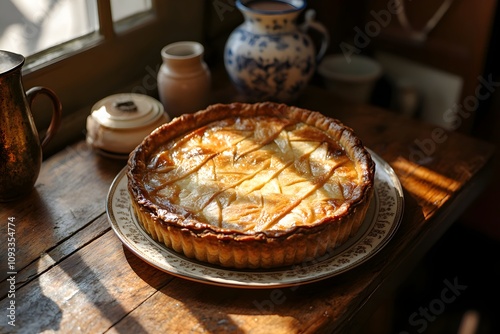 A golden Tourte Lorraine on a patterned plate, on a rustic wooden table in a French farm kitchen, with warm tones and sunlight streaming in photo