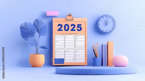 Goal setting and planning in 2025 concept. Year-long planner image for 2025 displayed on a floating background.