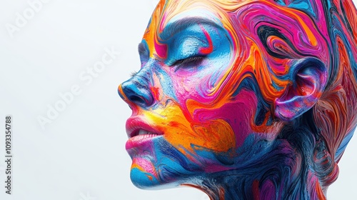 colorful woman's head covered in colorful patterned paint, euphonical dreams, in style of scientific illustrations, neuro core, 3d, spirals, innovating techniques, powerful symbolism, white backdrop photo