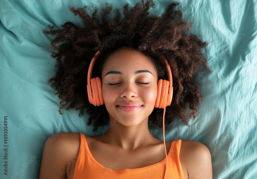 A Smiling Young Woman Happily Enjoying Her Favorite Music While Wearing Headphones in a Cozy Bed Setting A Smiling Young Woman Happily Enjoying Her Favorite Music While Wearing Headphones in a Cozy Bed Setting