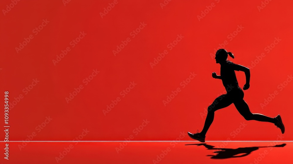 Excited Runner Hurrying Toward the Finish Line Against a Bold Red Background, Capturing the Essence of Determination and Speed in a Dynamic Sporting Scene