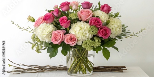 Fototapeta Naklejka Na Ścianę i Meble -  Elegant floral arrangement with long-stemmed roses peonies and hydrangeas, foliage, roses, floral arrangement