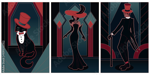 illustrations of art deco style, night party illustrations, collection of 3 artworks