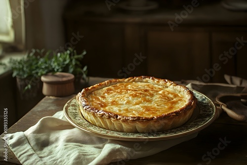 A golden Tourte Lorraine on a patterned plate, on a rustic wooden table in a French farm kitchen, with warm tones and sunlight streaming in photo