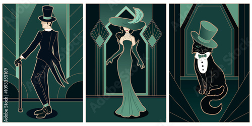 cartoon illustrations in art deco style	