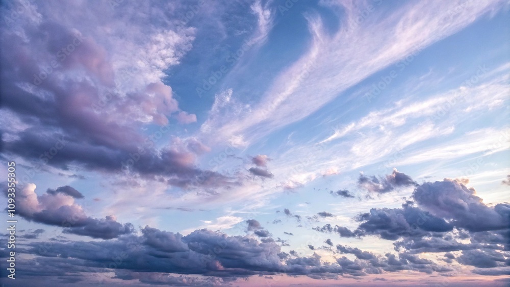 Fototapeta premium Soft wispy clouds drift lazily across a pale blue sky with touches of lavender and lilac hues, light clouds, gentle weather