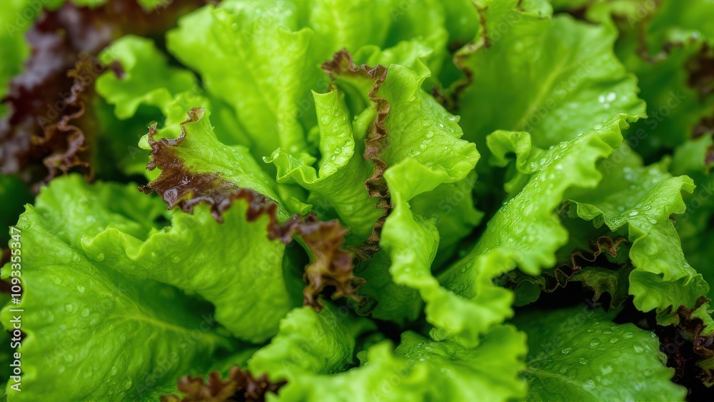 Photorealistic macro photography, a close-up of fresh and vibrant lettuce leaves glistening with water droplets, vivid green tones and crisp textures, soft natural lighting