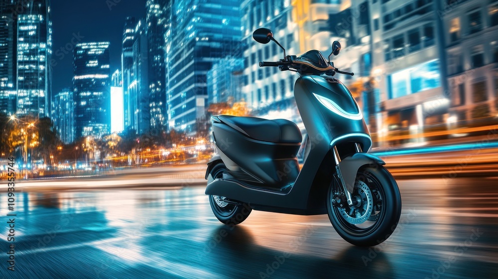 Modern scooter rides in dazzling city lights. Modern scooter rides in dazzling city lights.