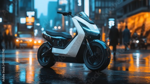 Styled scooter cruising through dynamic cityscape. photo