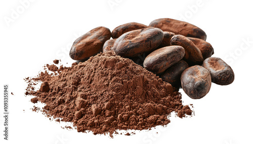 Finely ground cocoa powder beside cocoa beans on white surface, isolated.