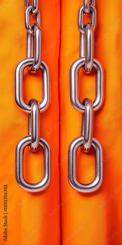 Prisoner offense fairness. Close-up of metal chains hanging against an orange fabric background. Prisoner offense fairness. Close-up of metal chains hanging against an orange fabric background.