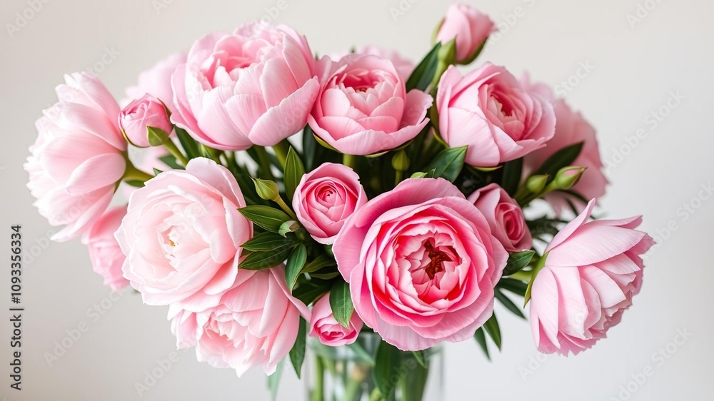 Fresh pink peonies and roses bouquet in a vase, pick of the season, floral arrangement Fresh pink peonies and roses bouquet in a vase, pick of the season, floral arrangement