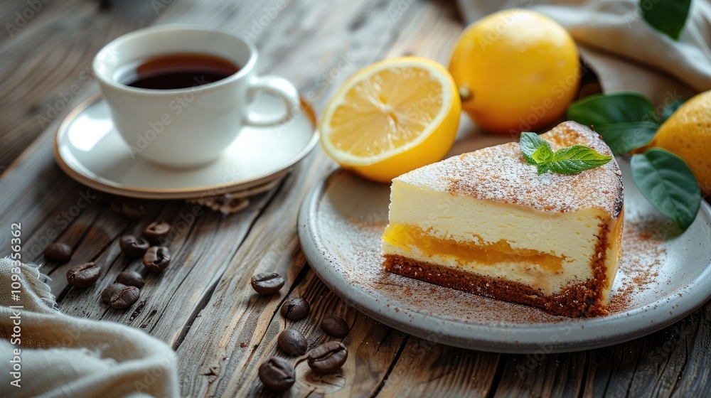 A slice of lemon cheesecake with coffee and fresh lemons on a wooden table. A slice of lemon cheesecake with coffee and fresh lemons on a wooden table.