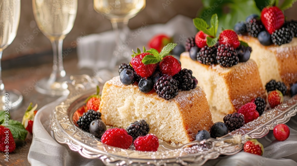 Deliciously Fresh Pound Cake Slices Generously Topped with Assorted Berries, Surrounded by Sparkling Flutes in an Elegant Setting, Perfect for Celebrations and Desserts Deliciously Fresh Pound Cake Slices Generously Topped with Assorted Berries, Surrounded by Sparkling Flutes in an Elegant Setting, Perfect for Celebrations and Desserts