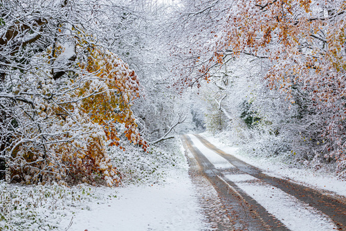 Obraz na płótnie Early winter snow in November on a lane near the Cotswold village of Taddington, Gloucestershire, England UK w salonie