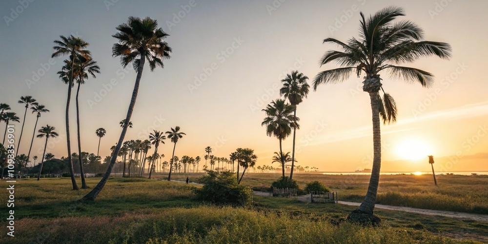 Gentle breeze rustles palm trees as sunset casts golden glow, natural scenery, soft focus, warm tones, gentle movement Gentle breeze rustles palm trees as sunset casts golden glow, natural scenery, soft focus, warm tones, gentle movement