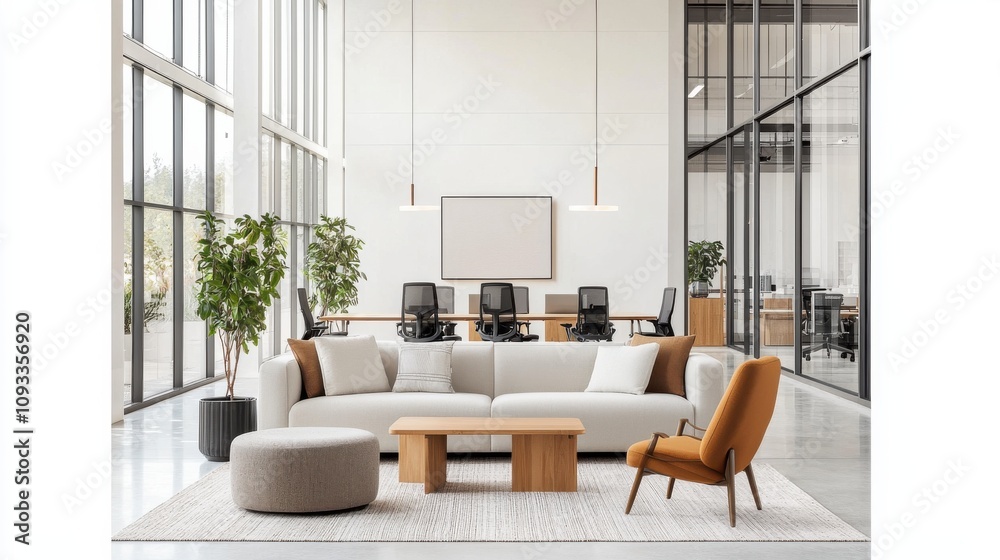 Fototapeta premium Revolutionizing workspaces innovative open-plan office modern interior neutral colors inspiring layout