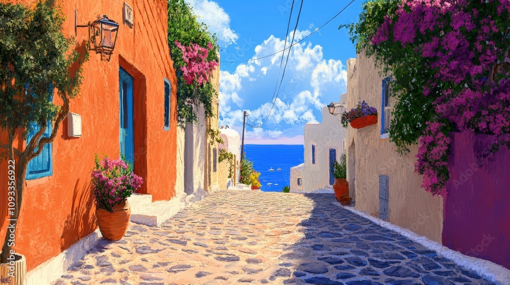 Fototapeta premium A Cobblestone Street Leading to a Sea View in a Mediterranean Town
