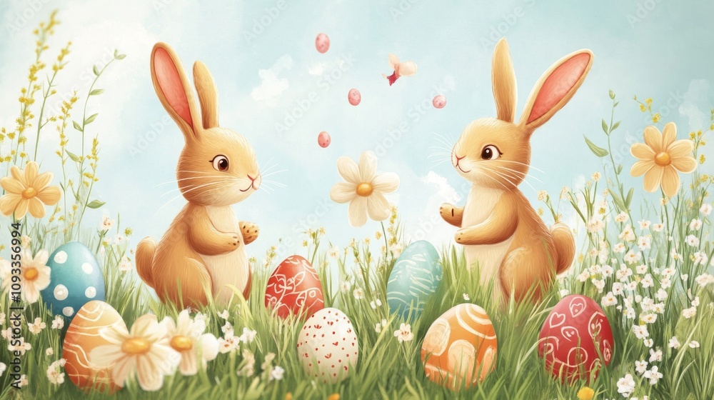 Obraz premium Cute Easter Bunnies in a Field of Flowers with Colorful Eggs