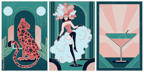illustrations of art deco style, night party illustrations, collection of 3 artworks