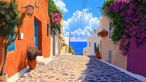 Fototapeta Naklejka Na Ścianę i Meble -  A Cobblestone Street Leading to a Sea View in a Mediterranean Town