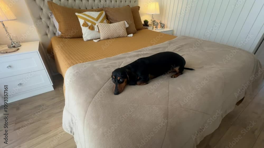 cachorro fofo duchshund relaxando em cama de luxo 