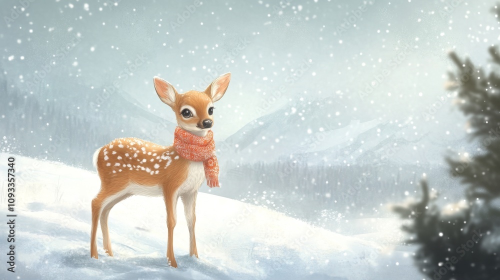 Cute Fawn in Winter Wonderland - Snow, Deer, Forest Cute Fawn in Winter Wonderland - Snow, Deer, Forest