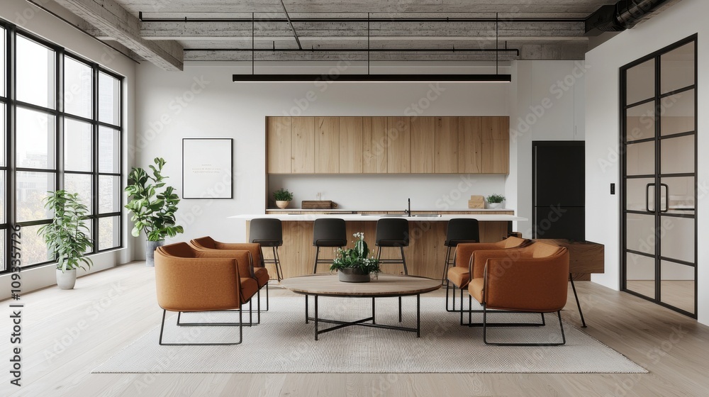 Fototapeta premium Fostering collaboration modern office interior open plan layout creative environment inspiring design concept