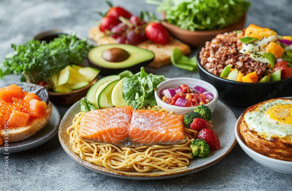 Fresh and Healthy Meal Spread Featuring Salmon, Whole Grains, Colorful Fruits, and Crisp Vegetables Perfect for a Nutritious Diet Fresh and Healthy Meal Spread Featuring Salmon, Whole Grains, Colorful Fruits, and Crisp Vegetables Perfect for a Nutritious Diet