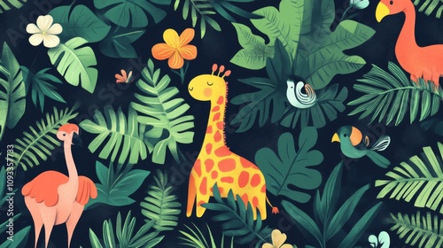 Wallpaper Mural Tropical Jungle Animals Illustration with Birds and Flowers Torontodigital.ca
