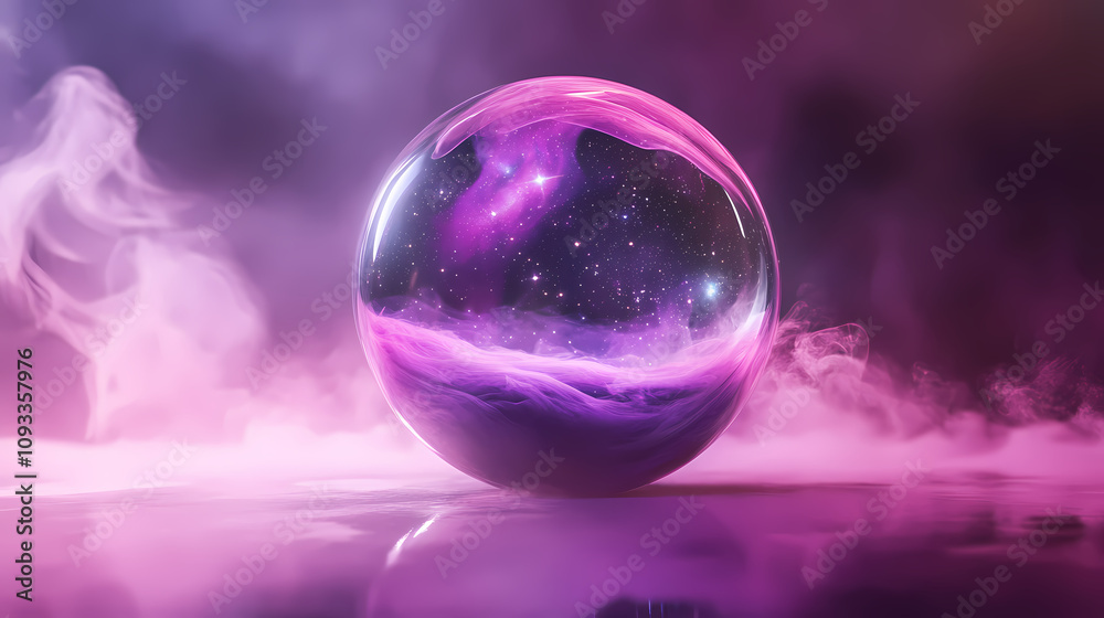 Crystal ball with purple smoke and galaxy reflections. Starry Cosmos Reflections. Illustration Crystal ball with purple smoke and galaxy reflections. Starry Cosmos Reflections. Illustration