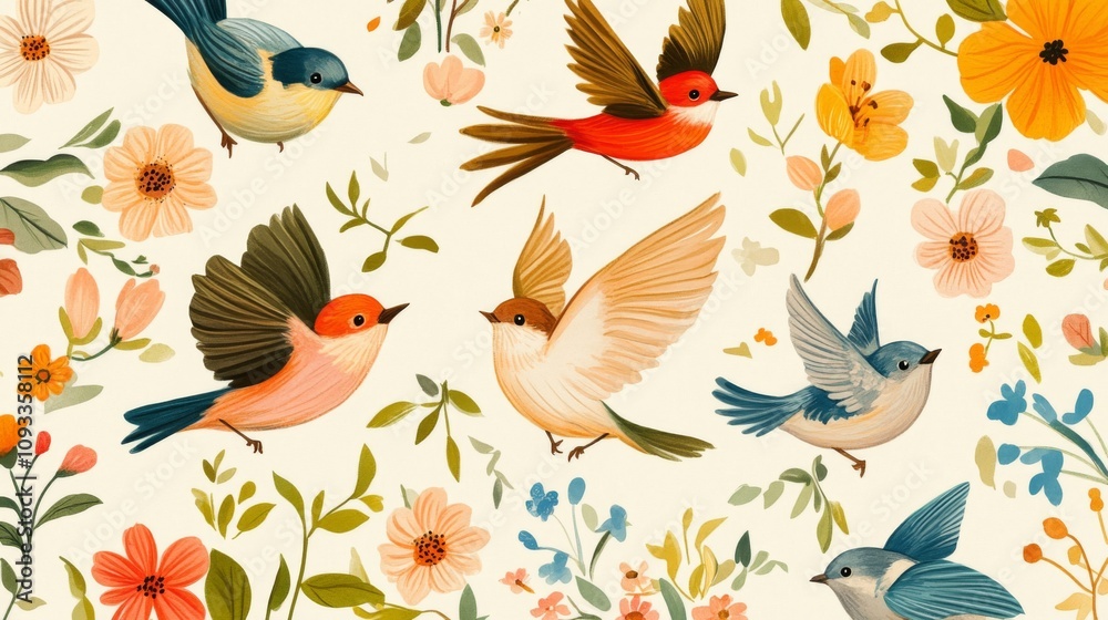 Naklejka premium Colorful Birds in a Floral Paradise: Springtime Illustration