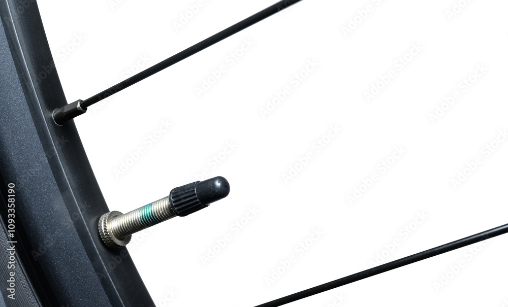 Close-up macro of a new bike wheel with Presta style air valve and a black rim on a transparent background
Close-up macro of a new bike wheel with Presta style air valve and a black rim on a transparent background