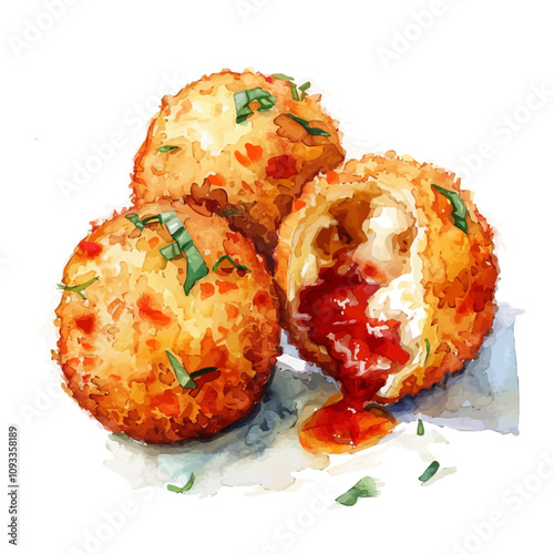 A watercolor painting of Crispy Arancini Rice Balls Fill, isolated on a white background. Crispy Arancini Rice Balls Fill vector.
