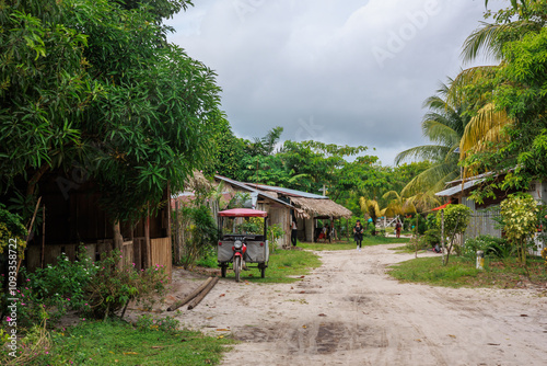 Streets and houses in the Peruvian jungle, in the community of Independencia in Iquitos, Peru.