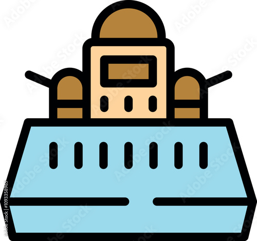 Cartoon warship cruising on water, featuring cannons and domes, ready for battle