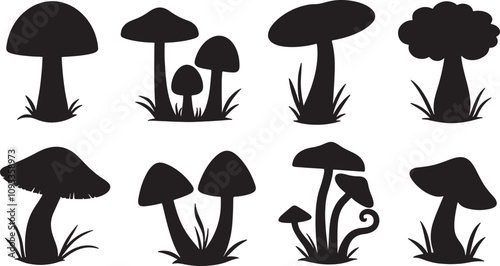 Vector Silhouette Mushroom Vector Set: Black and White Forest Fungi Clipart Illustrations







