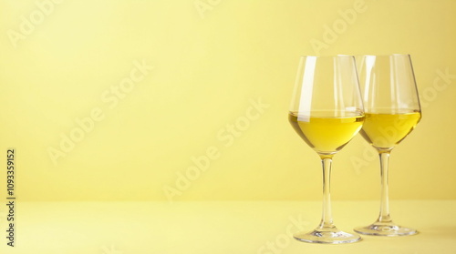 Crisp White Wine in Clear Glasses against yellow clean background, minimalist design, elegance, celebration, refreshing drink, banner party or invitation concept	
