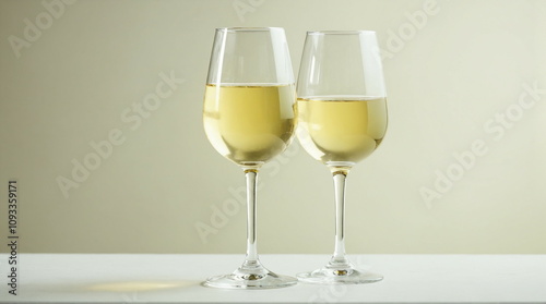 Crisp White Wine in Clear Glasses, minimalist design, elegance, celebration, refreshing drink, banner party or invitation concept