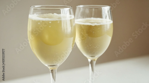 Sparkling White Wine in Elegant Glasses, celebration concept, toast, wedding, party, refreshing drink, banner, copy space