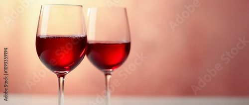 Elegant Red Wine Glasses on Soft Pink Background, romantic dinner concept, celebration, invitation, greeting card, banner with copy space