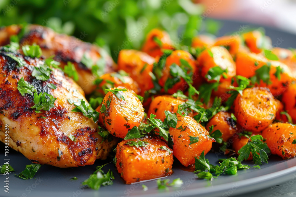 Grilled chicken with glazed carrots garnished with fresh herbs Grilled chicken with glazed carrots garnished with fresh herbs
