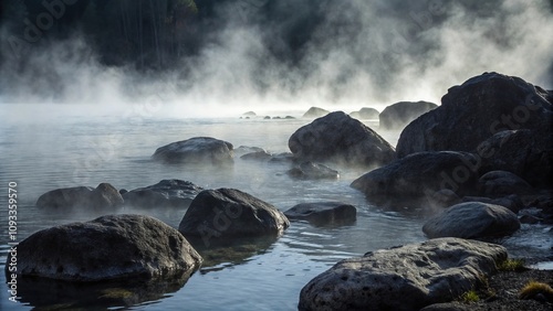Water-covered rocks shrouded by dark misty veils, atmospheric conditions, geological formations