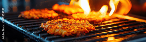 Crispy latkes cooking on grill with flames in background photo