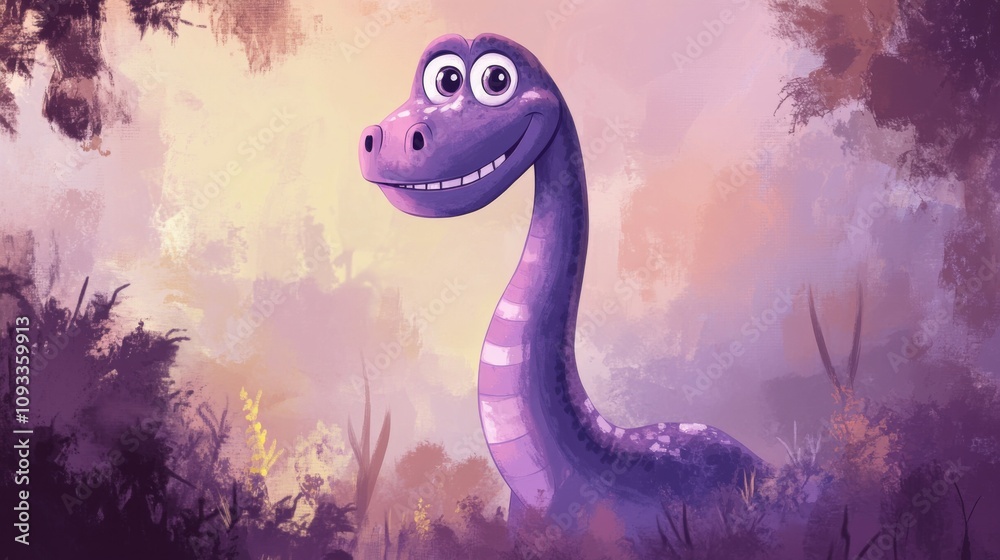 Fototapeta premium Cute Purple Dinosaur Illustration in a Forest Setting